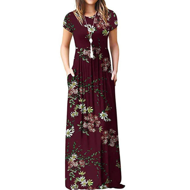 Summer Maxi Floral Dress Women Long Party Dress Ladies Loose Pocket Short Sleeve Casual Dress Robe Femme Sundress - Deanwangkt