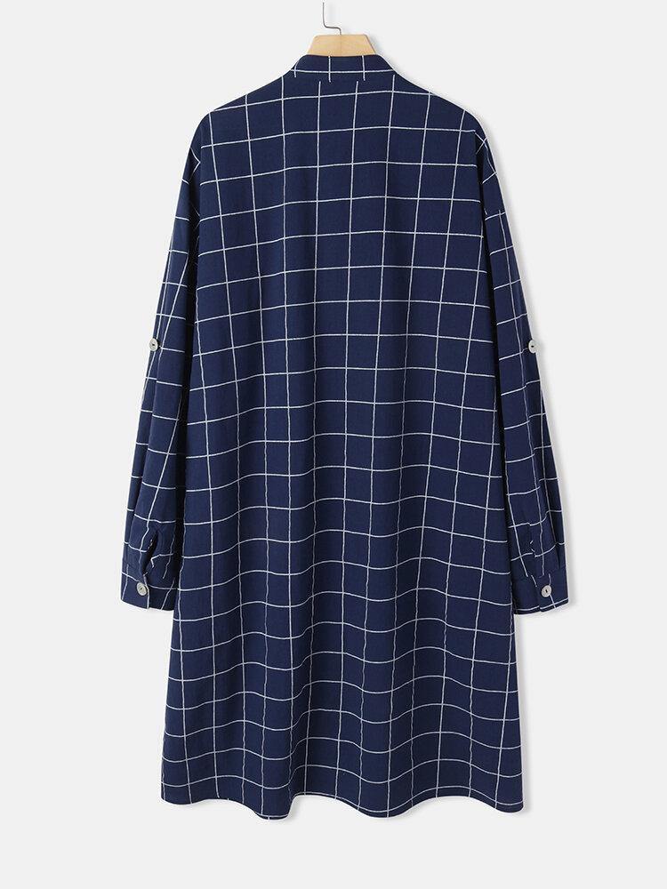 deanwangkt Women Grid Stand Collar Long Sleeve Casual Shirt Dresses With Sleeve Tabs - Deanwangkt