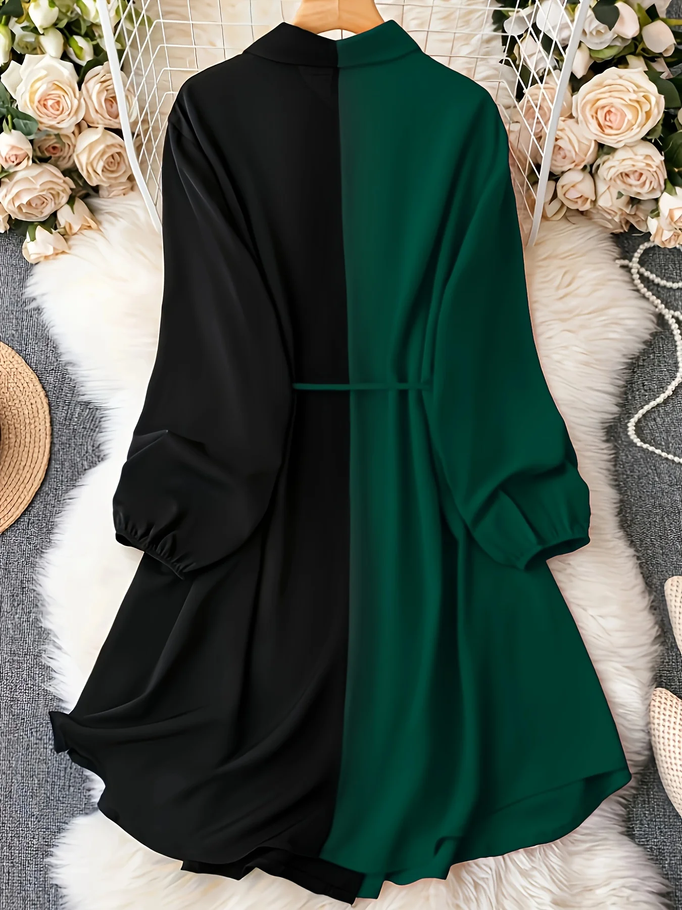 Plus Size Casual Blouse, Women's Plus Colorblock Long Sleeve Button Up Lapel Collar Shirt Longline Top With Belt - Deanwangkt