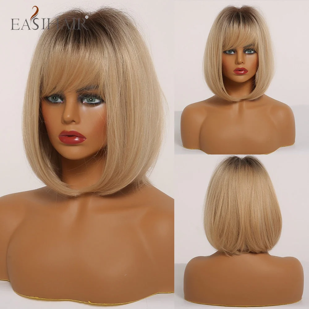 deanwangkt  Short Hair Wig With Bangs Pixie Cut Ombre Black Ash Light Blonde Synthetic Wigs For Women Cosplay Wigs Heat Resistant - Deanwangkt