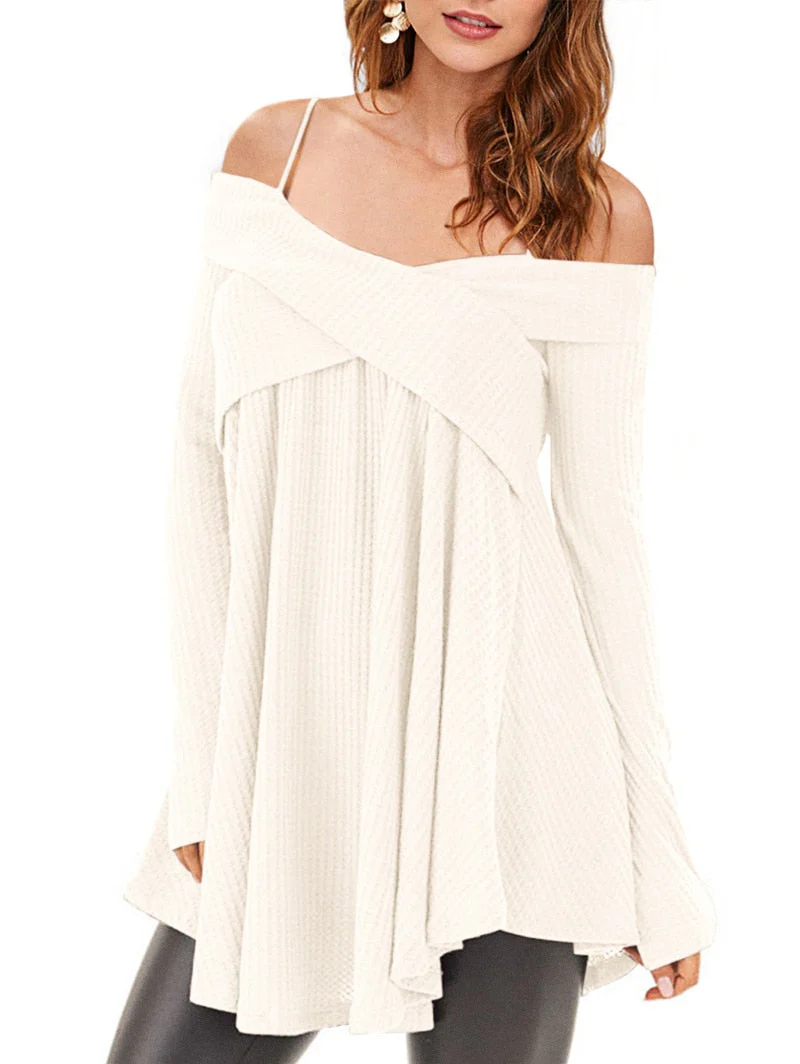 deanwangkt   Plus Size Cold Shoulder Crisscross Tunic Sweater Casual Ladies Tops Women Sweaters Female Long Sleeve Pullover Jumpers - Deanwangkt