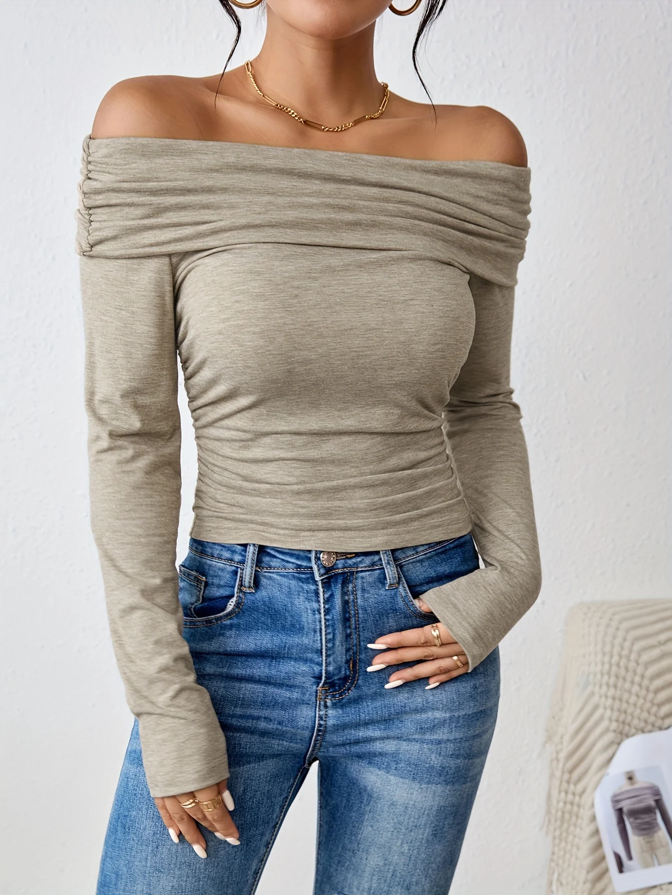 deanwangkt Off Shoulder Solid T-shirt, Elegant Slim Long Sleeve T-shirt, Women's Clothing - Deanwangkt