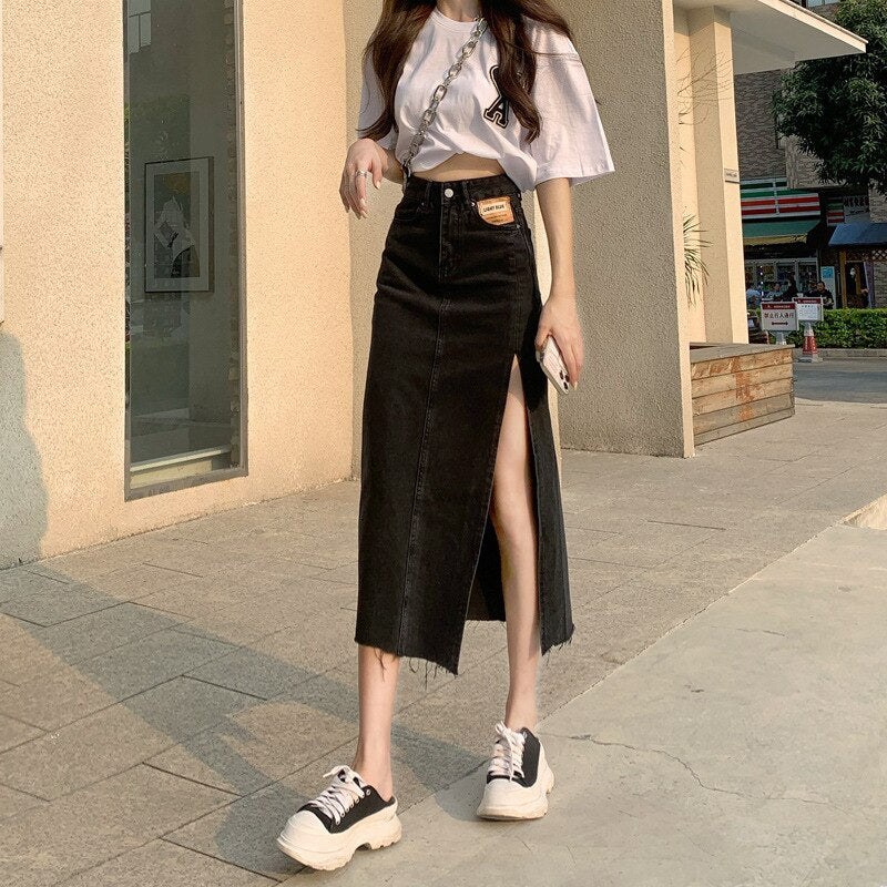 deanwangkt Hem Single Slits Zipper A-Line High Waist Side Slit Denim Casual Long Skirt Female Summer  New Thin Girl Bag Hip Ins Tide - Deanwangkt
