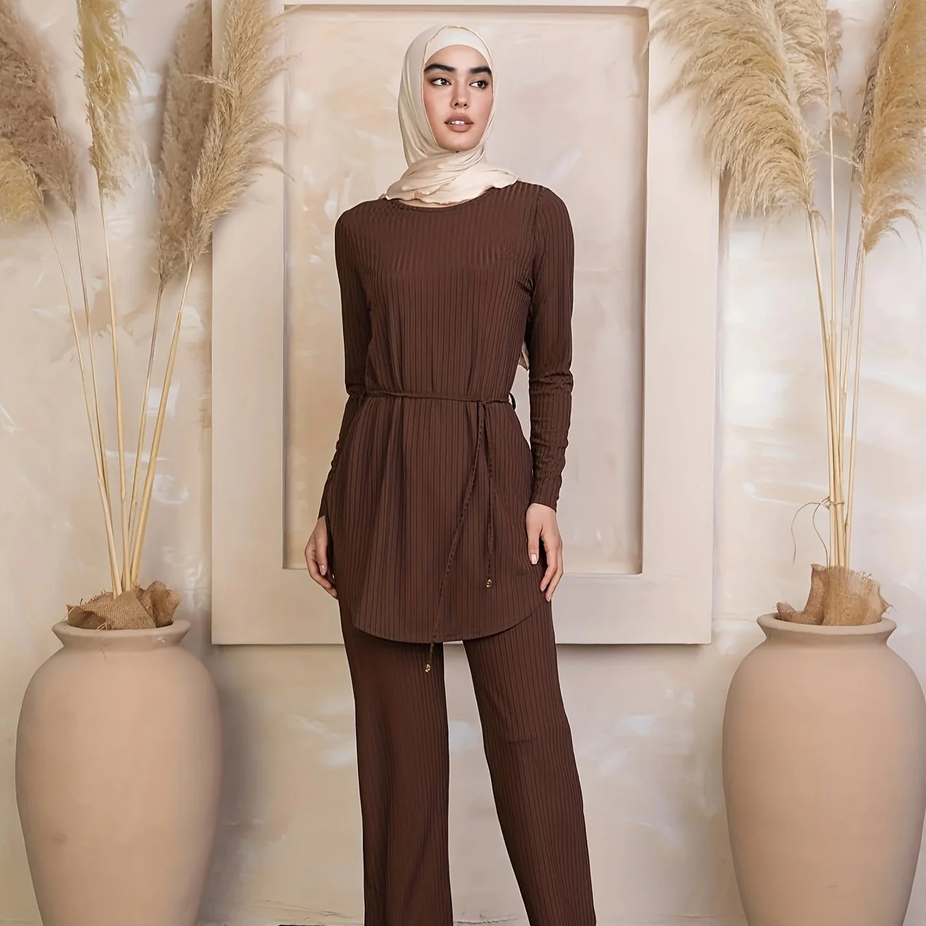 Casual Ribbed Knit Two-piece Set, Curved Hem Long Sleeve Top & Straight Leg Pants Outfits, Women's Clothing - Deanwangkt