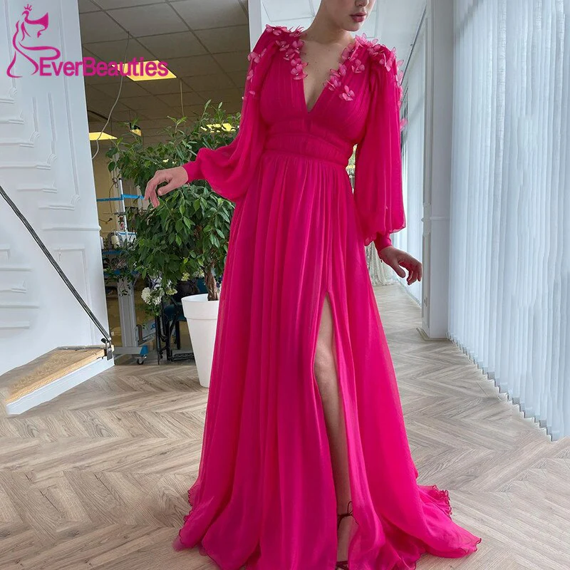 Chiffon Prom Dress  A-Line V-Neck Long Puffy Sleeves Butterfly Evening Gowns Saudi Arabia Custom Made Evening Dress - Deanwangkt