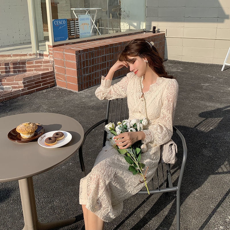 deanwangkt Elegant Lace Long Sleeve Midi Dress Winter White Women V-neck Korean Dress Spring One-piece Evening Lady Party Fairy Dress - Deanwangkt