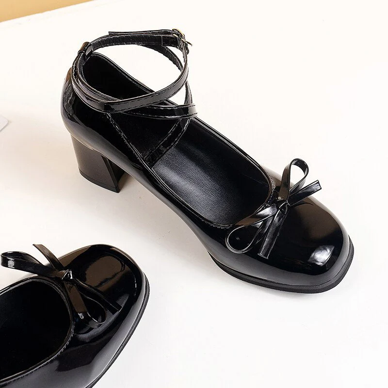 deanwangkt Black Retro Cross-Tie Pumps Casual  Summer Marry Janes Round Toe Shoes Ladies Lolita Sweet Fashion Shoes Woman Bow Design - Deanwangkt