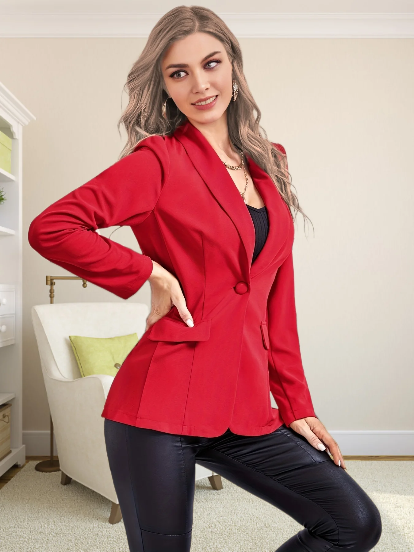 deanwangkt-1 Solid One Button Blazer, Elegant Long Sleeve Work Office Outerwear, Women's Clothing - Deanwangkt