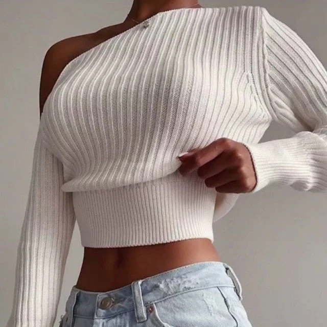 deanwangkt New Sexy Off Shoulder Women' Sweater Jumper Spring Long Sleeve Knitted Crop Tops Fashion Solid Lady Pullover Sweaters Streetwear - Deanwangkt
