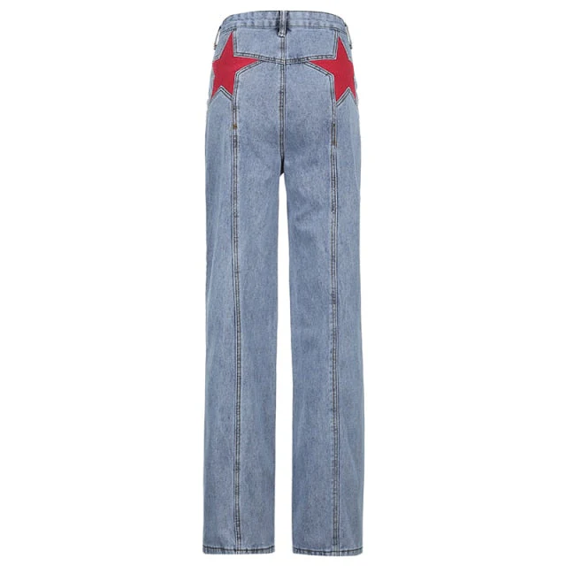 Waatfaak Blue Denim Skinny Jeans Woman High Waist Pocket Star Patchwork Jeans Vintage Y2K 90S Aesthetic Cargo Pants Straigh Leg - Deanwangkt