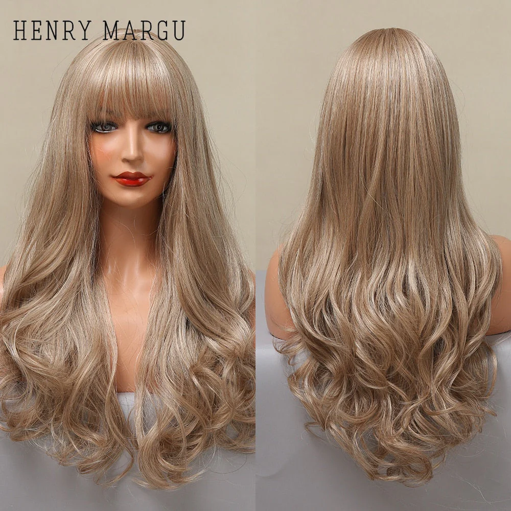 Pure Blonde Synthetic Hair Wigs Long Water Wave Wig for Women Colored Cosplay Lolita Wig with Bangs Heat Resistant - Deanwangkt