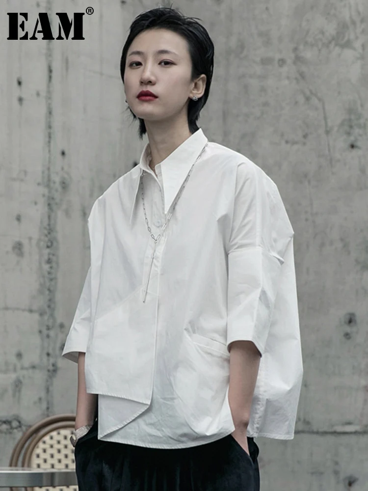 deanwangkt Women White Asymmetrical Big Size Blouse New Lapel Long Sleeve Loose Fit Shirt Fashion Tide Spring Autumn  1R590 - Deanwangkt