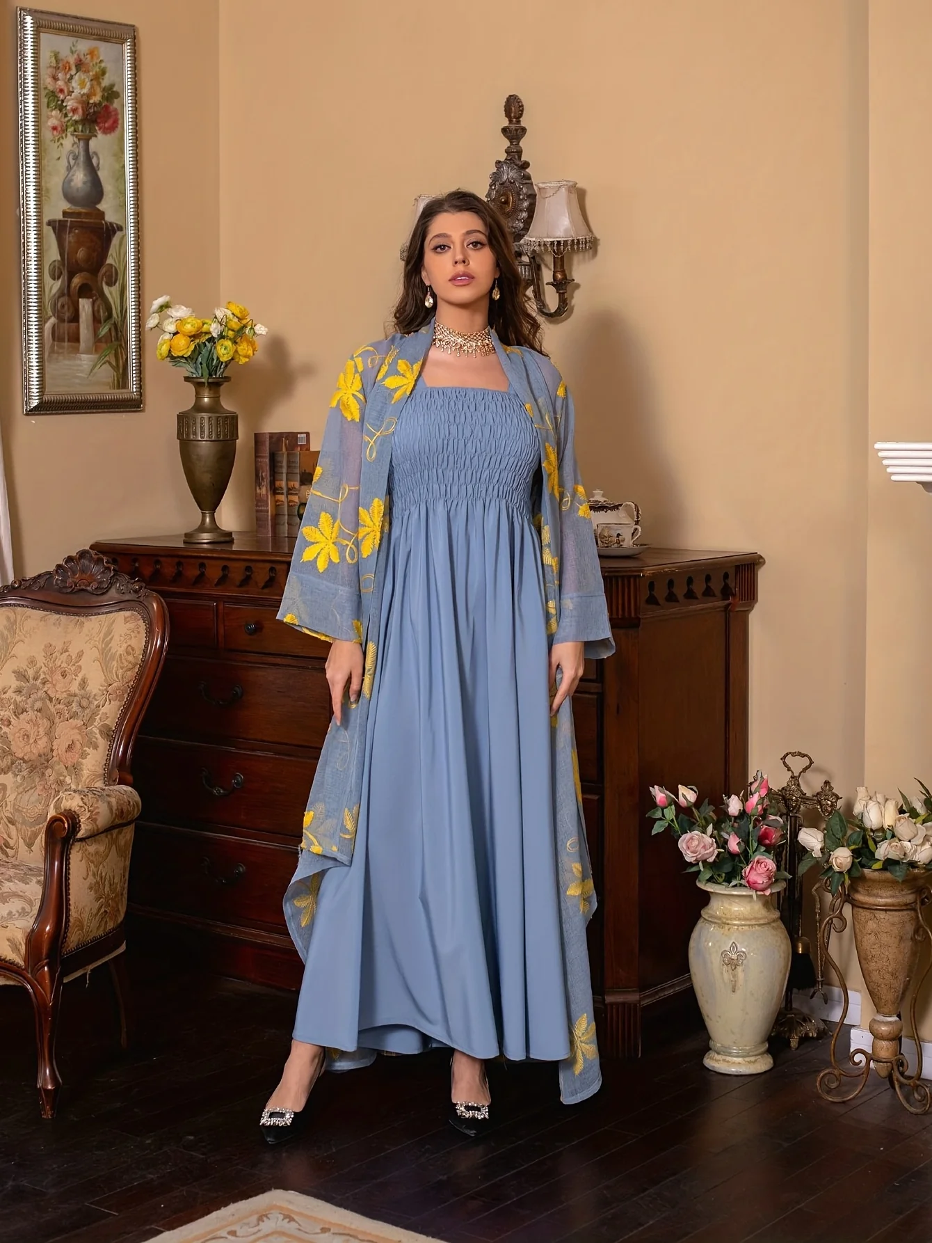 deanwangkt-1  Leaf Print Two-piece Dress Set, Shirred Tank Ankle Dress & Long Sleeve Irregular Hem Mesh Cardigan Outfits, Women's Clothing - Deanwangkt