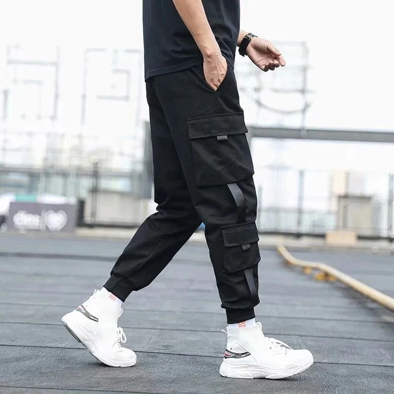 DEANWANGKT Mens Vintage Hip Hop Style Baggy Jeans Men's Side Pockets Cargo Harem Pants Ribbons Black Hip Hop Casual Male Joggers Trousers Fashion Casual Streetwear Pants 5XL - Deanwangkt