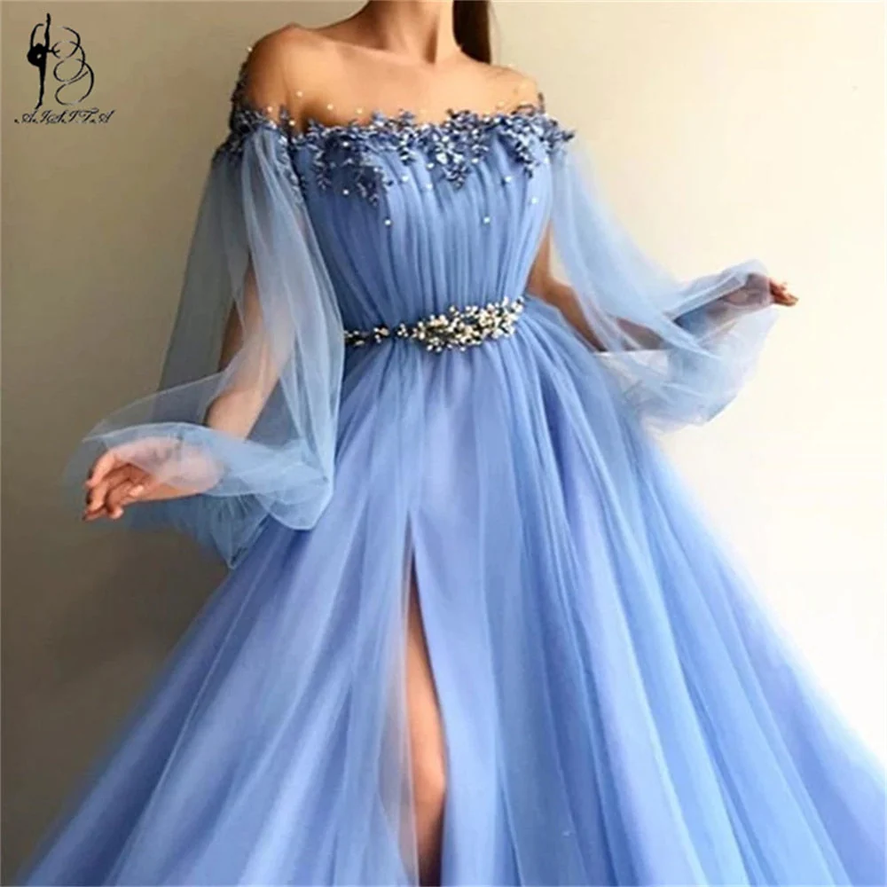 Sexy Slit Chiffon Long Evening Dresses  Women Formal Gowns Lantern Sleeves Prom Gowns For Party Flowers Vestidos De Fiesta - Deanwangkt
