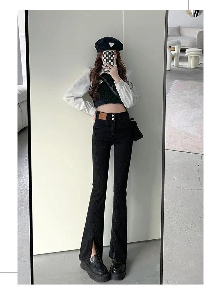 deanwangkt Split Jeans Women's Spring And Autumn New High-waisted Slim Fit Slim Wide-legged Micro-trumpet Mopping Pants Trendy Ins - Deanwangkt