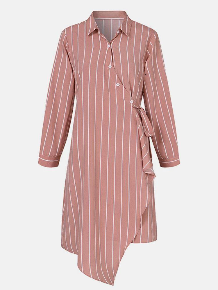 deanwangkt Women Striped Irregular Wrap Tie Side Stylish Long Sleeve Midi Dresses - Deanwangkt