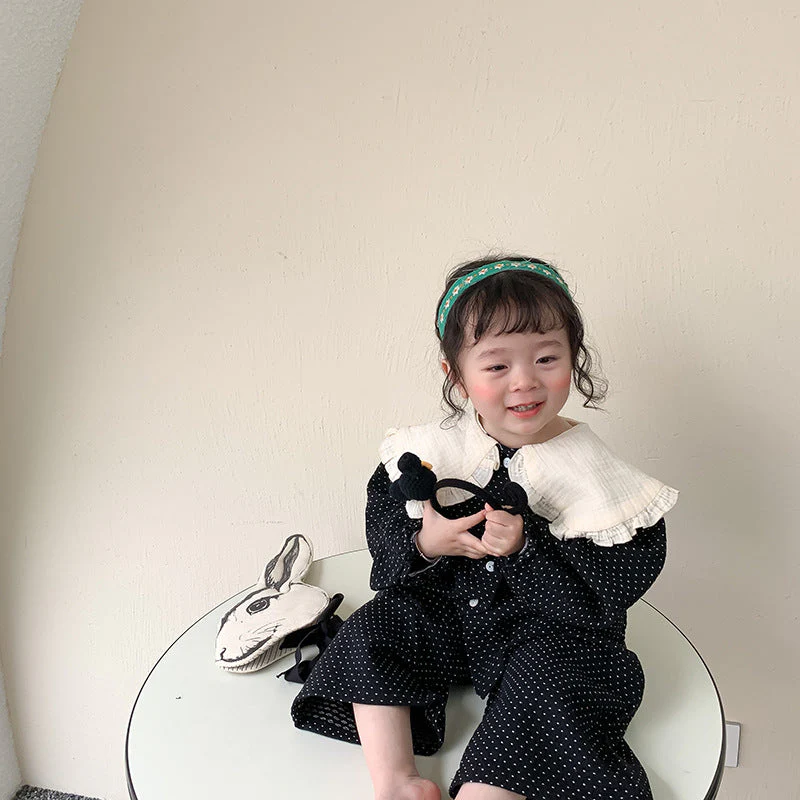 deanwangkt  Spring cute baby girl polka dot black outfits Girls fashion big turn-down collar shirt and wide leg pants 2pcs sets Kids clothes - Deanwangkt