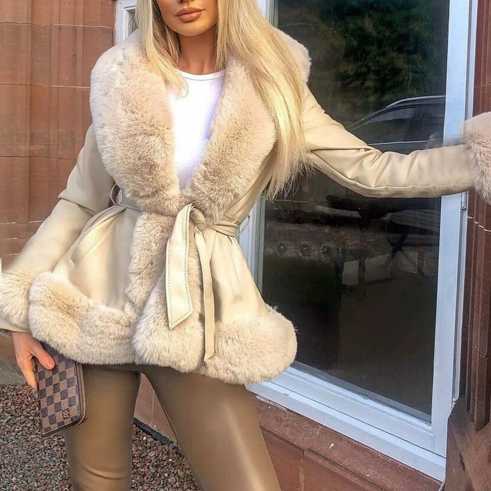 deanwangkt Fashion PU Leather Winter Warm Jackets WomenTie Belt Waist Long Coats Faux Fur Jackets Side Pockets Ladies Elegant Solid Coat - Deanwangkt