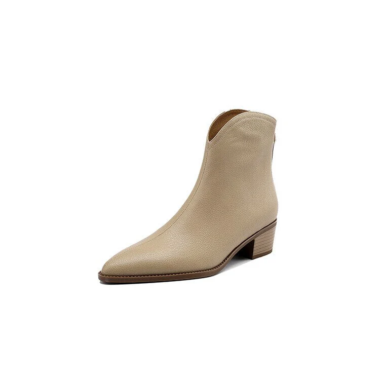 deanwangkt Autumn Shoes    NEW Autumn Boots Women Split Leather Shoes for Women Pointed Toe Chunky Heel Shoes Retro Zipper Short Boots Apricot Ankle Boots - Deanwangkt