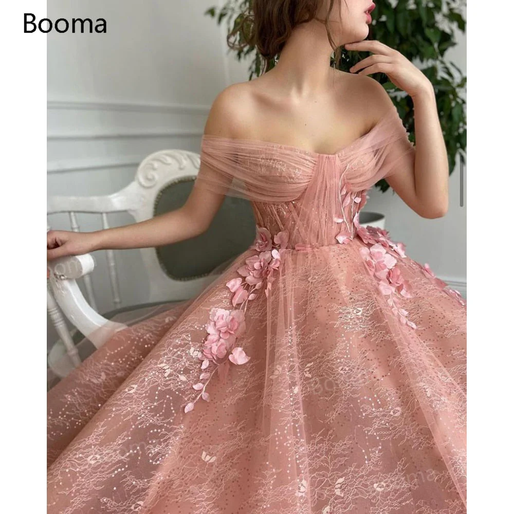 Graduation Gifts Pastel Pink Lace Prom Dresses Off the Shoulder Ruched Tulle 3D Flowers Evening Dresses Open Back A-Line Formal Prom Gowns - Deanwangkt