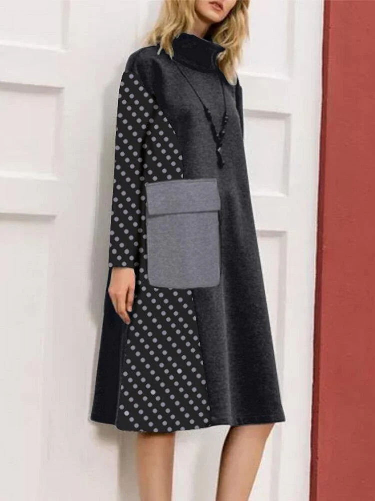 deanwangkt Women Patchwork Polka Dot Print Drop Shoulder Turtleneck Casual Dresses - Deanwangkt