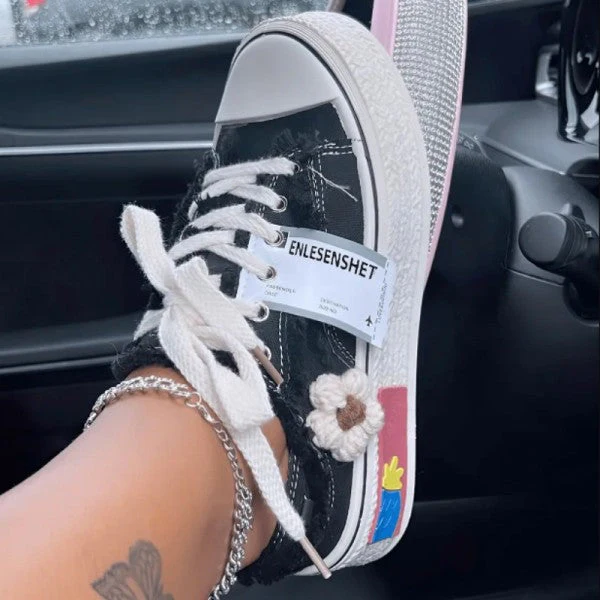 deanwangkt - Black Casual Daily Patchwork Frenulum Contrast Round Comfortable Out Door Shoes - Deanwangkt