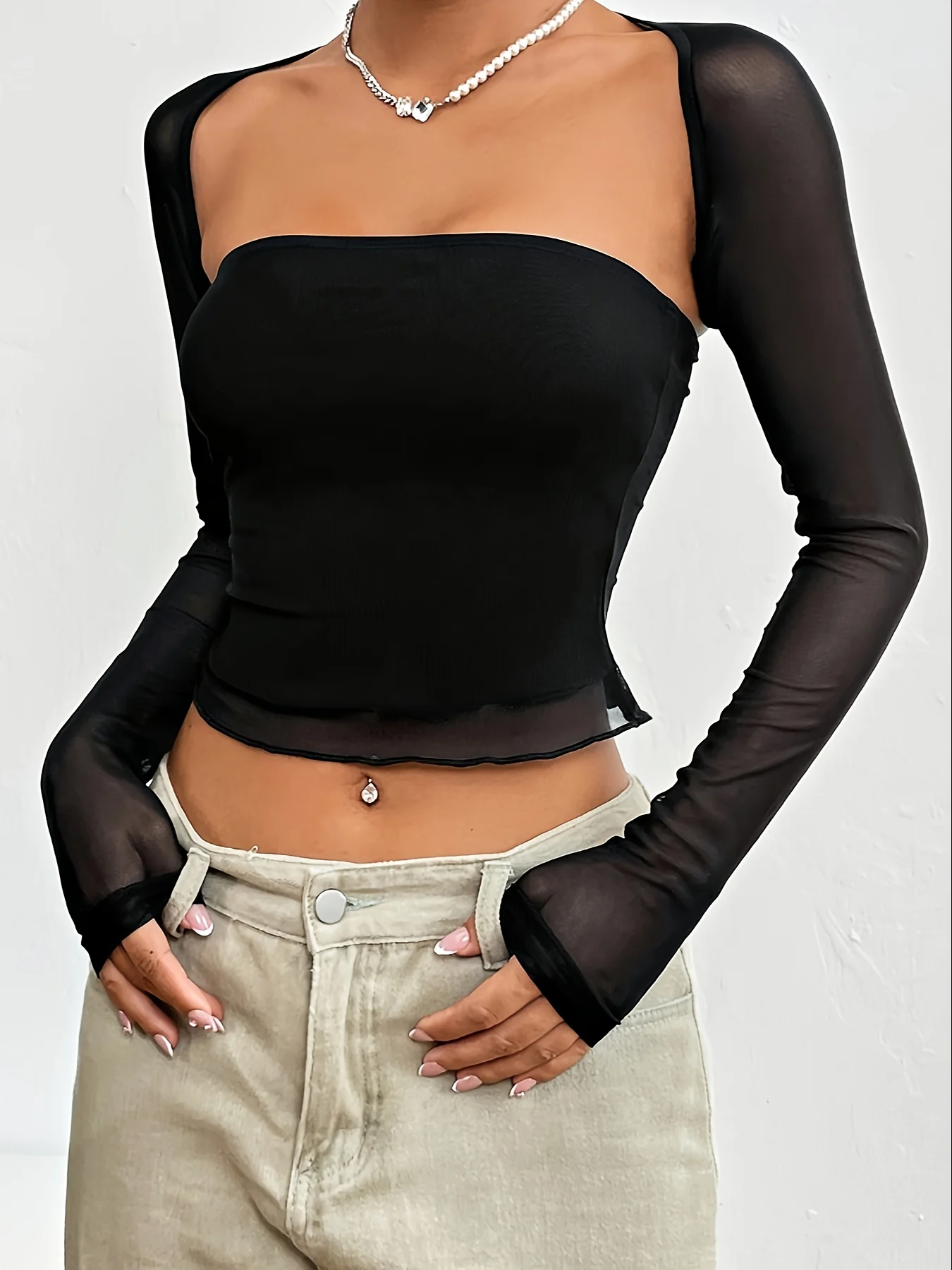 Solid Two-piece Top Set, Mesh Crop Open Front Outwear & Crop Lettuce Trim Tube Top Outfits, Women's Clothing - Deanwangkt