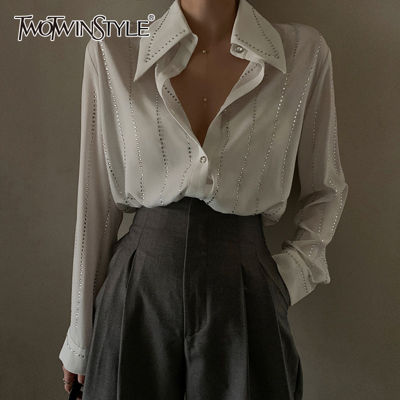 deanwangkt Casual Loose White Patchwork Diamonds Shirt For Women Lapel Long Sleeve Korean Fashion Blouses Females Autumn Style - Deanwangkt