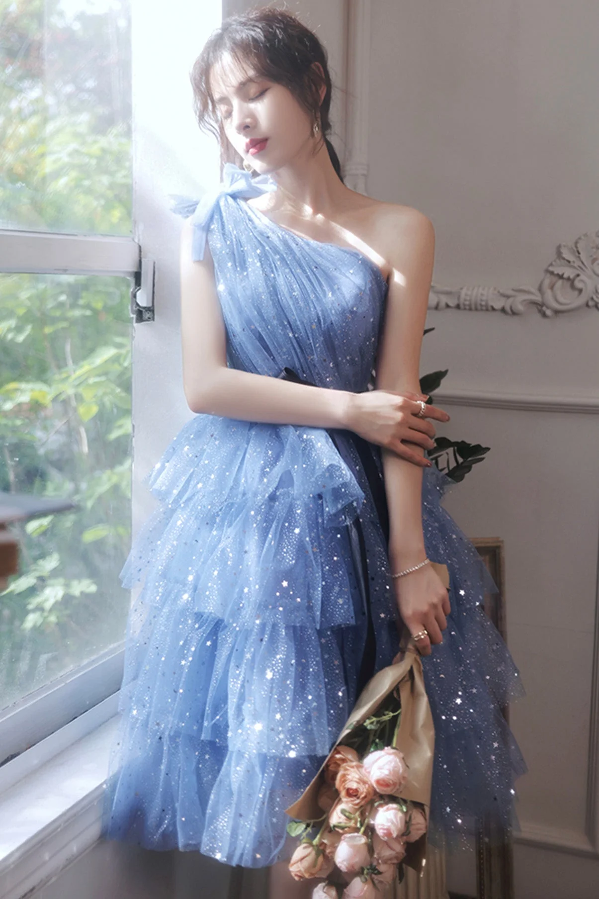 solvbao Blue Tulle Short Prom Dresses, One Shoulder Evening Dresses - Deanwangkt