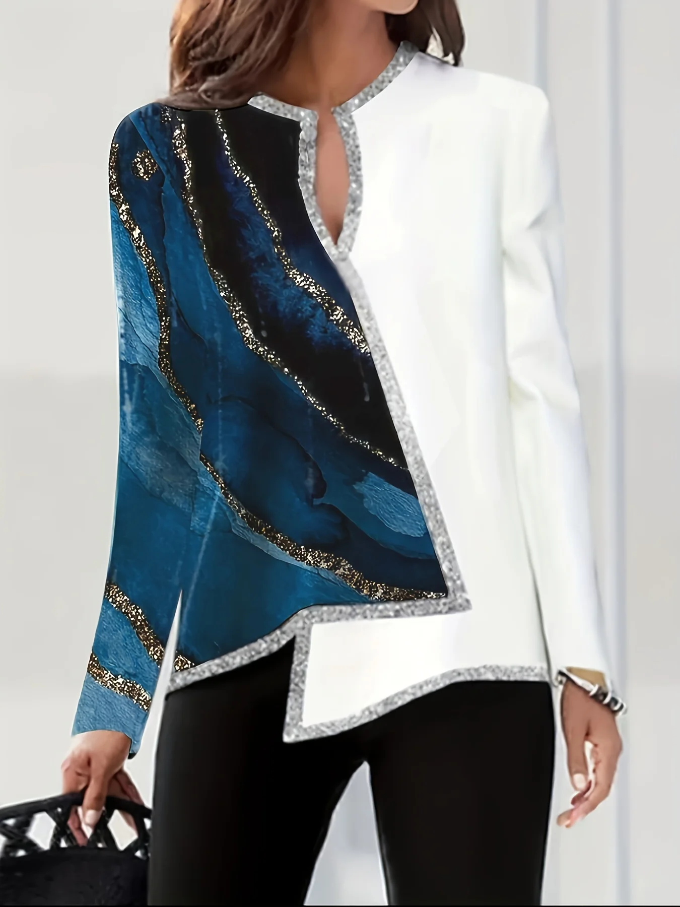 Marble Print Asymmetric Hem Blouse, Casual Notch Neck Long Sleeve Blouse For Spring & Fall, Women's Clothing - Deanwangkt