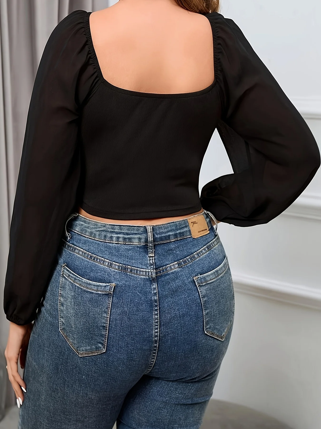 deanwangkt Plus Size Sexy Top, Women's Plus Solid Contrast Mesh Ruched Tie Front Off Shoulder Lantern Sleeve High Stretch Crop Top - Deanwangkt