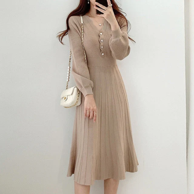 deanwangkt One Piece Korean Pleated Dress  New Spring Long Sleeve Slim Woman Sweater Dresses Knitted Vintage Elegant Midi Party Dress - Deanwangkt