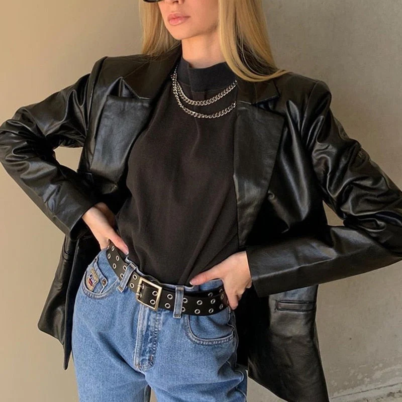 deanwangkt One Button Women's Leather Jacket Autumn Coat  Streetwear Black Women's Jacket Y2k Aesthetic Gothic PU Retro 90s Clothing - Deanwangkt