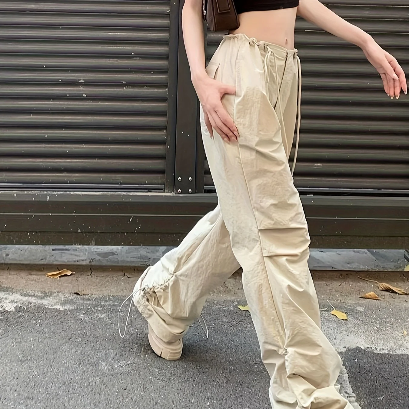 deanwangkt  Solid Drawstring Ruched Cargo Pants, Casual Baggy Streetwear Pants With Pocket, Women's Clothing - Deanwangkt