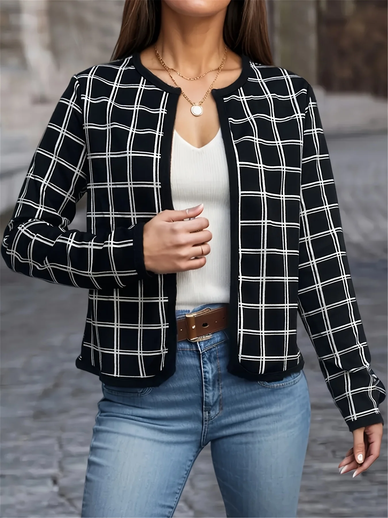 Plaid Open Front Jacket, Casual Contrast Trim Jacket For Spring & Fall, Women's Clothing - Deanwangkt