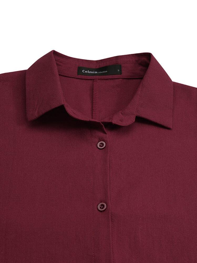 deanwangkt Women Solid Color Lapel Lack Slit Loose Shirt Dress - Deanwangkt