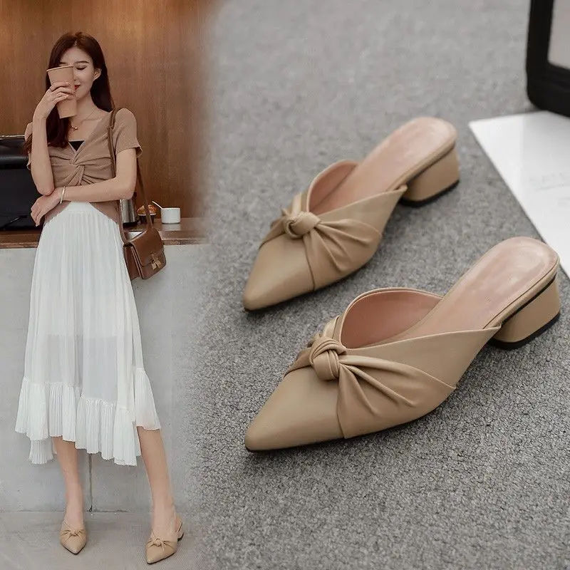 deanwangkt Shoes for Women Brown Woman Slippers Job Leather Slides Mules Sandals Pointed Toe Summer High Up To 4cm Heel New Style Pvc - Deanwangkt