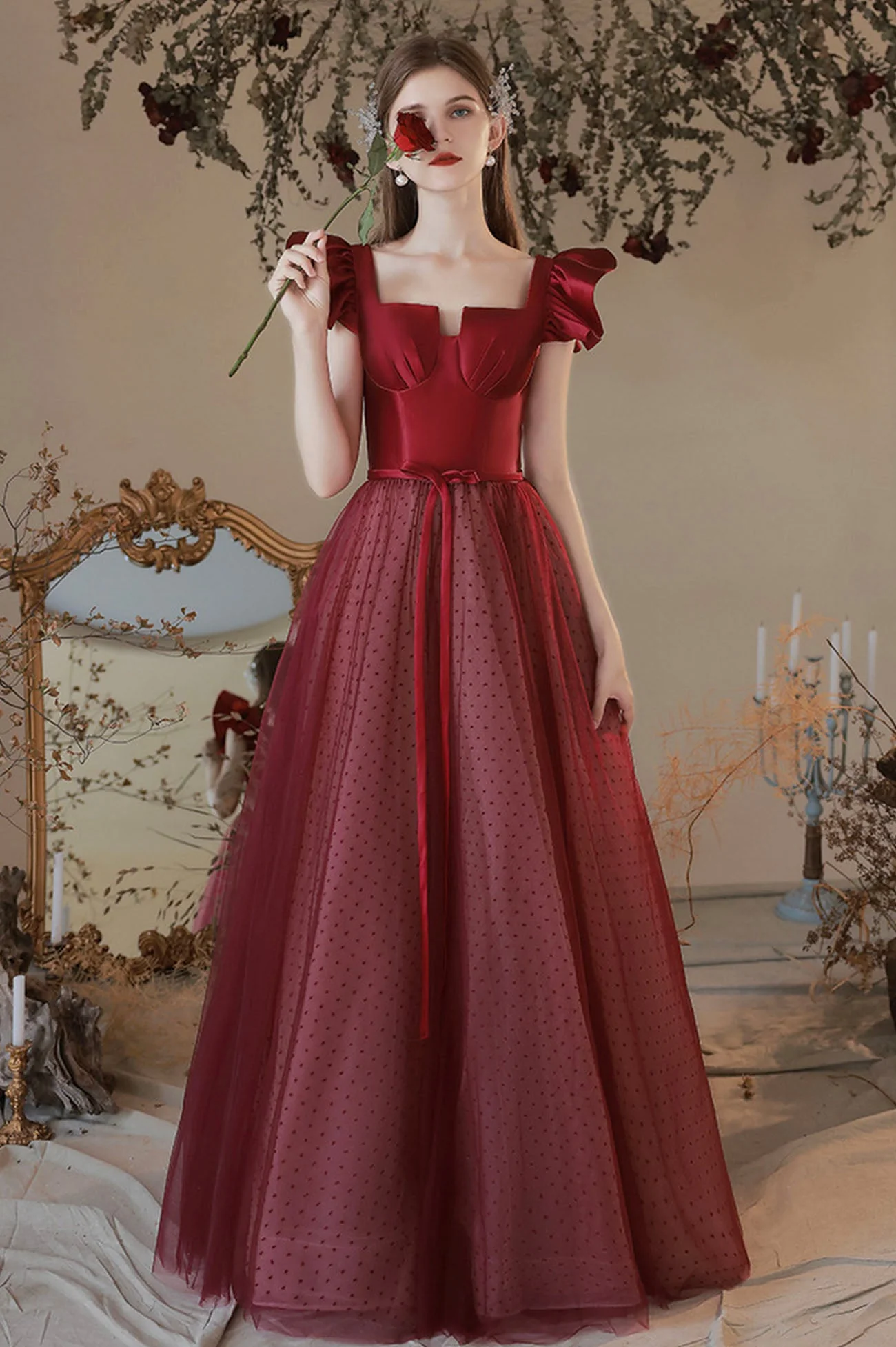 solvbao Burgundy Satin Tulle Long Prom Dress, A-Line Evening Dress - Deanwangkt