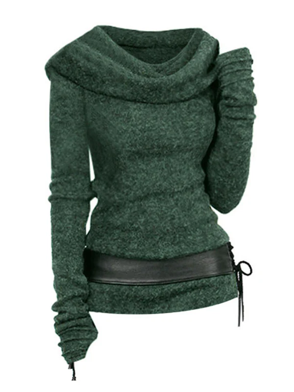 Hooded Cowl Front Lace Up Belted Sweater Spring Tops Tee For Women Solid Black Green Light Gray T-shirts - Deanwangkt