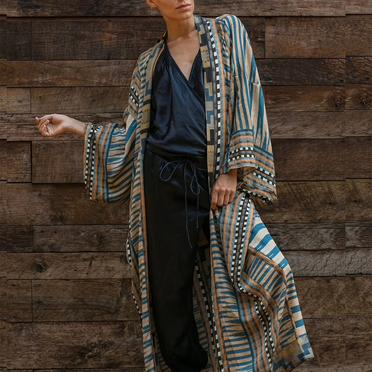 Geo Print Open Front Belted Kimono, Boho Long Sleeve Beachwear Cove Up, Women's Clothing - Deanwangkt