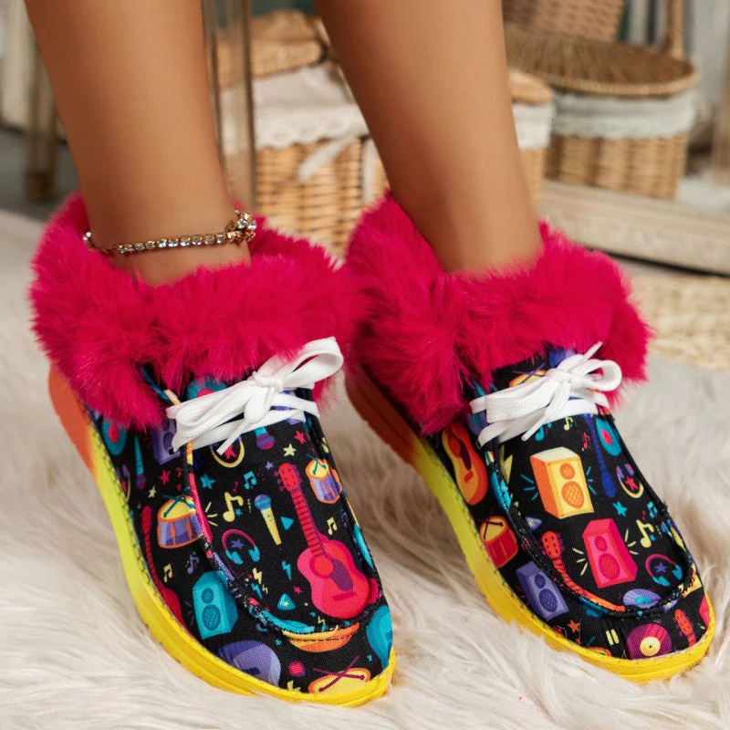 deanwangkt - Black Casual Patchwork Frenulum Printing Round Keep Warm Comfortable Out Door Shoes - Deanwangkt