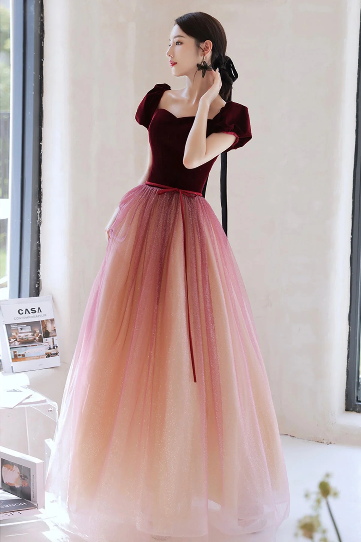 solvbao Burgundy Velvet Tulle Long Prom Dresses, A-Line Evening Dresses - Deanwangkt