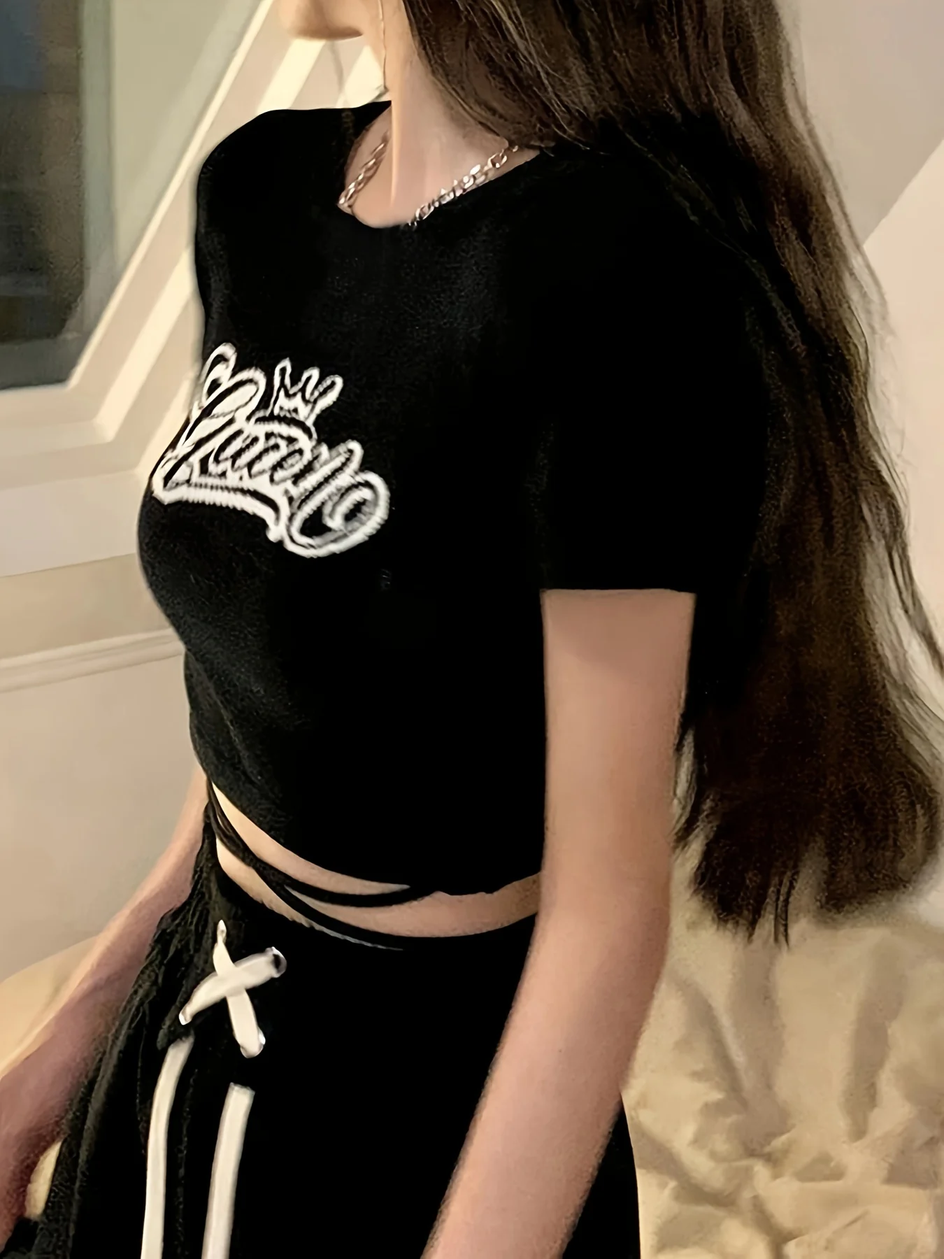 deanwangkt  Letter Print Crew Neck Crop Tee, Y2K Short Sleeve Tied Top For Spring & Summer, Women's Clothing - Deanwangkt