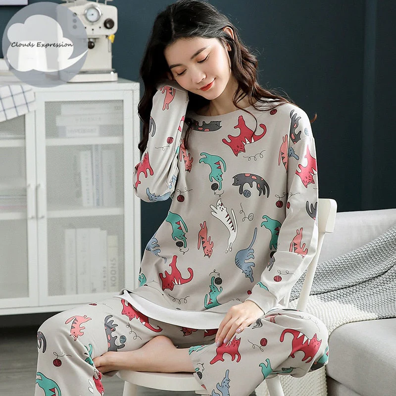 Spring Autumn Women's Sleep Lounge Pajama Long Sleeved Woman Pajama Set Cartoon Pyjamas Cotton Sleepwear M L XL XXL XXXL Fashion - Deanwangkt