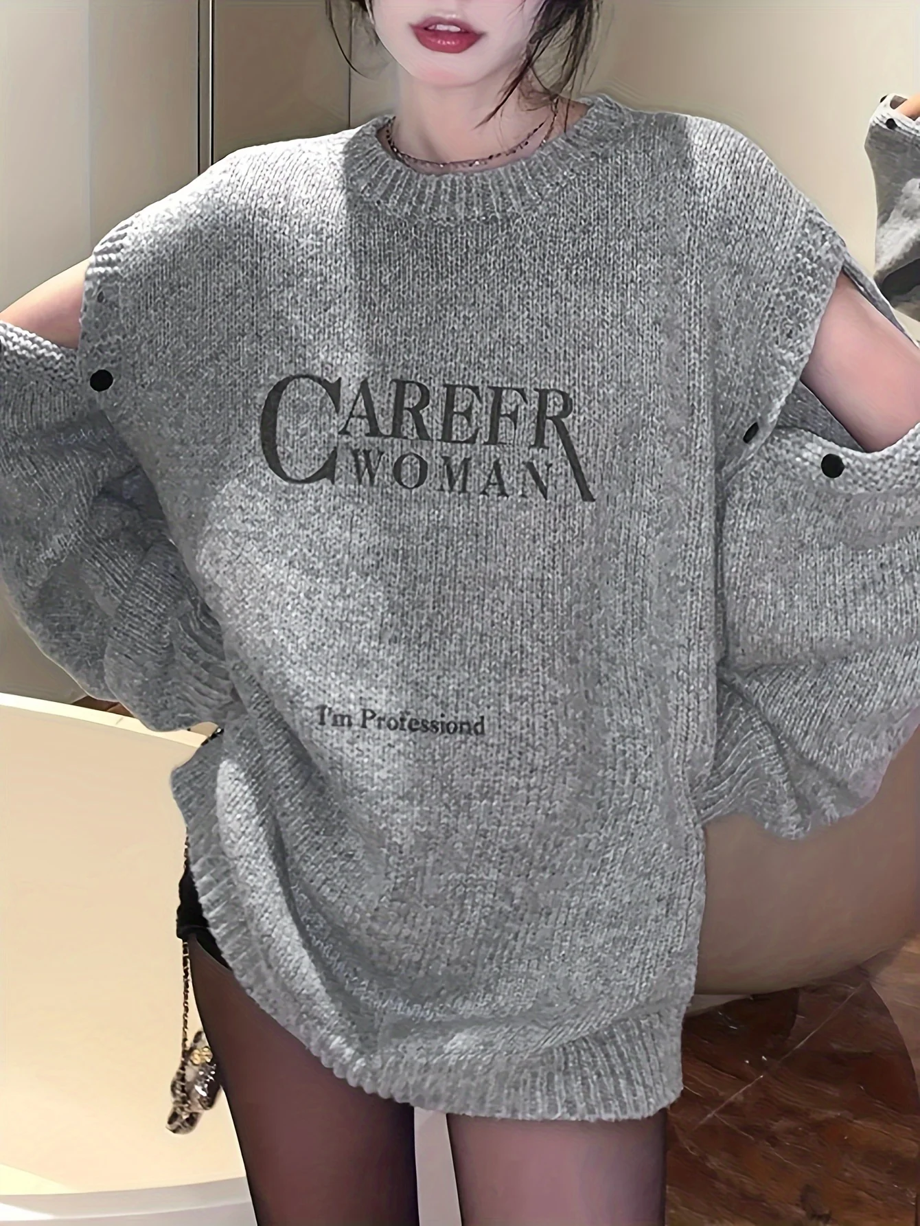 deanwangkt  Letter Pattern Crew Neck Pullover Sweater, Casual Cold Shoulder Long Sleeve Loose Sweater, Women's Clothing - Deanwangkt