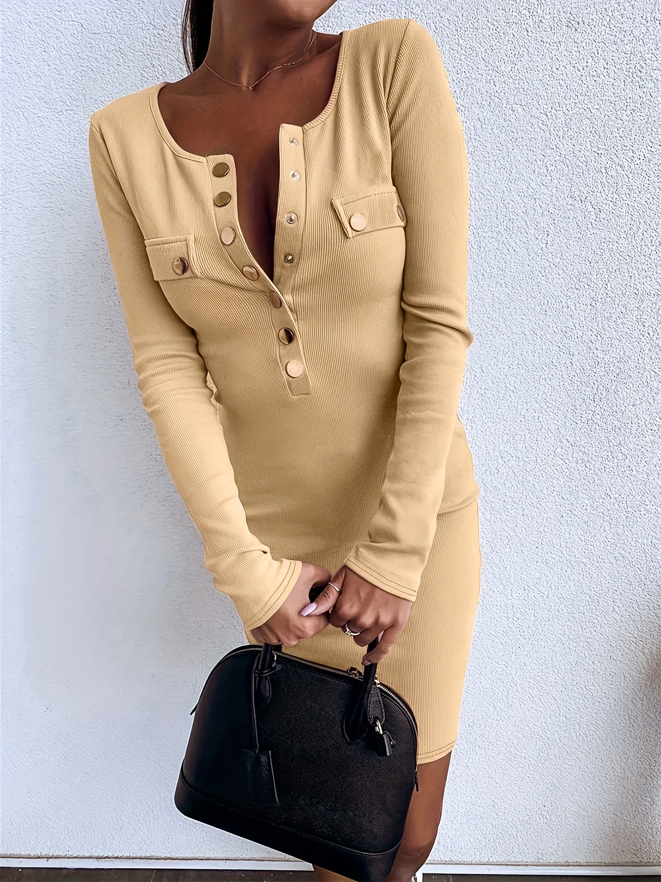 deanwangkt-1  Button Front Solid Dress, Casual Crew Neck Long Sleeve Dress, Women's Clothing - Deanwangkt