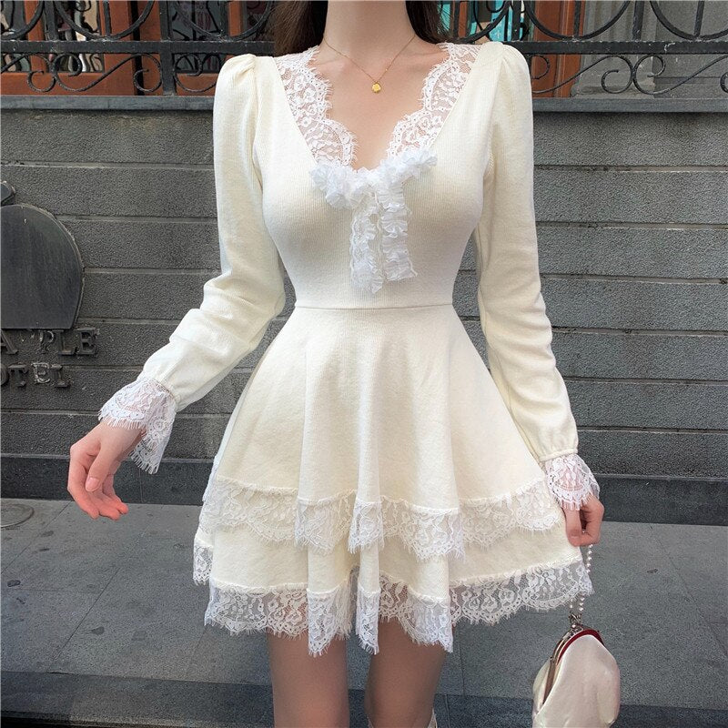 deanwangkt Women Sweet Lolita Dress Chic V-neck Knitted Patchwork Lace Ruffles Long Sleeve Princess Mini Dress Sexy Gothic Slim Party Dress - Deanwangkt