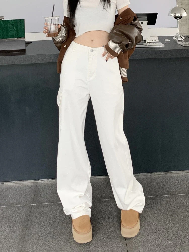 deanwangkt Loose Denim Cargo Pants Mujer Casual High Waist Pocket Mom Jeans Women  Spring Summer White Baggy Woman Jeans - Deanwangkt