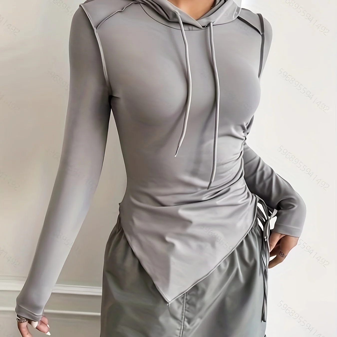 deanwangkt  Solid Irregular Hem Drawstring Hoodie, Casual Long Sleeve Hooded Sweatshirt, Women's Clothing - Deanwangkt